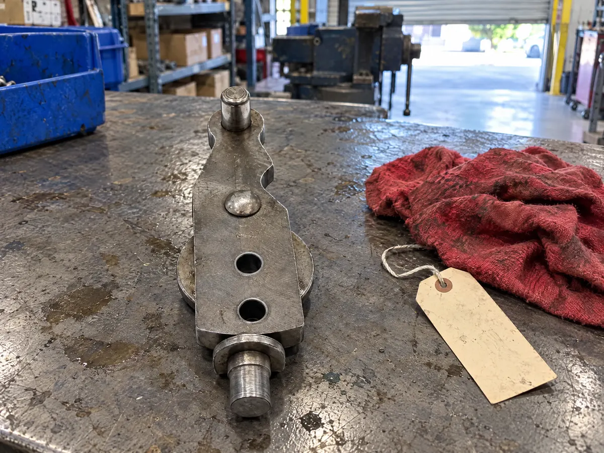 Brazo completo de control de una Danfoss Serie 90 de 42 cc sobre el banco del taller, con sus pernos, sus dos barrenos y la flecha escalonada