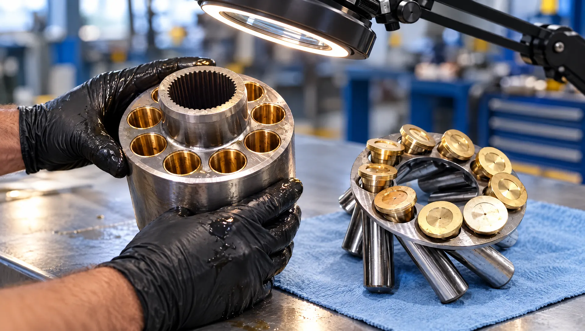 Técnico revisando el barril de una Danfoss Serie 90 de 42 cc junto al set de pistones