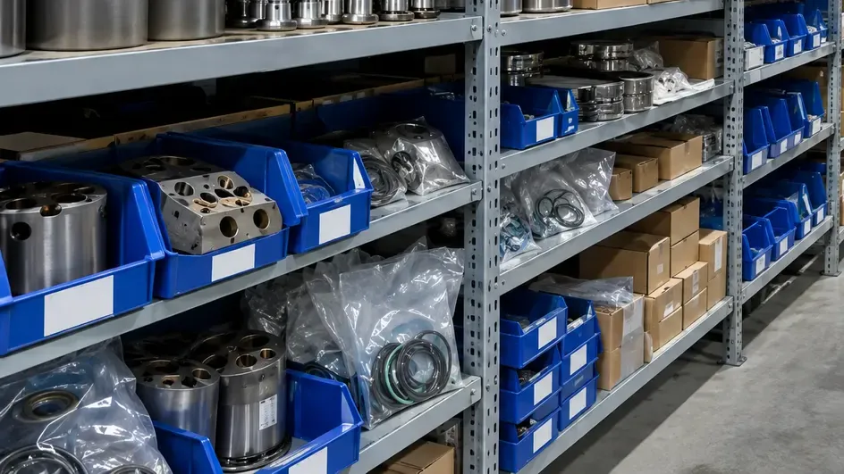 Anaqueles de un almacén de refacciones hidráulicas con kits de sellos y o-rings en bolsas, junto a barriles y platos