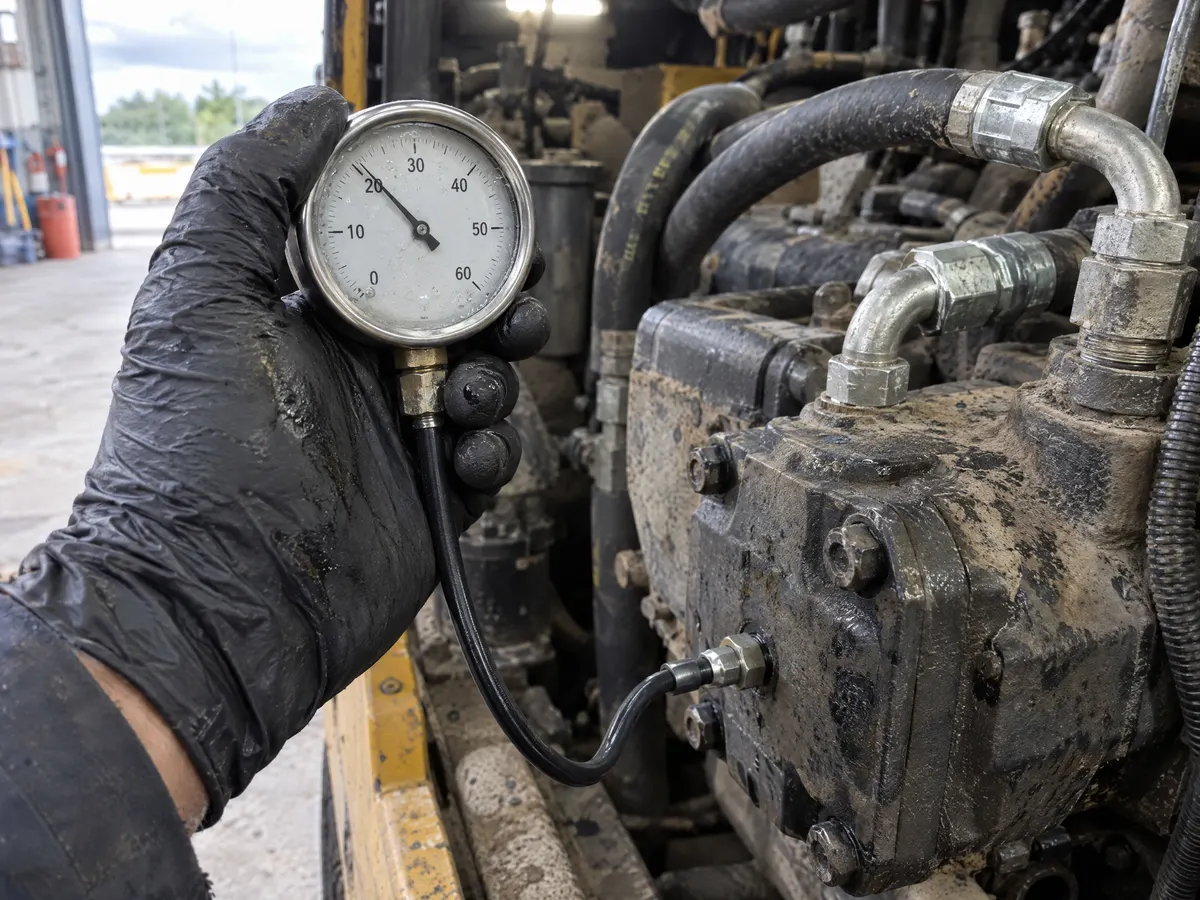 Mano con guante sostiene un manómetro de glicerina conectado con manguera de prueba al puerto de presión de carga de una bomba hidrostática en la máquina